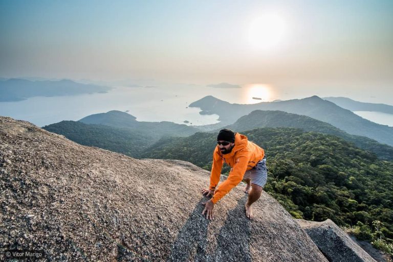 A man practices mountaineering.